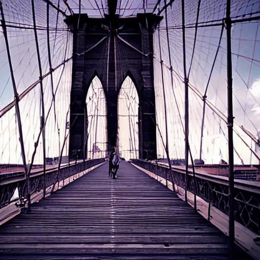 Prompt: The Beatles unreal engine 5 hanging off the Brooklyn Bridge 8k