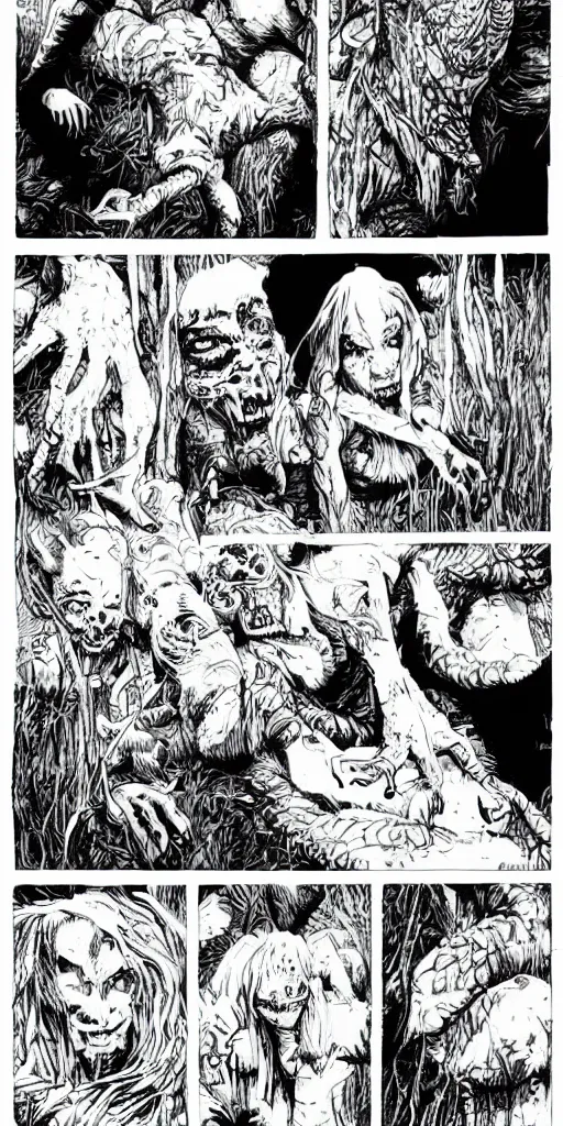 Prompt: multi - panel page from a highly detailed horror comic. swamp. woman. creature. terror. ink.