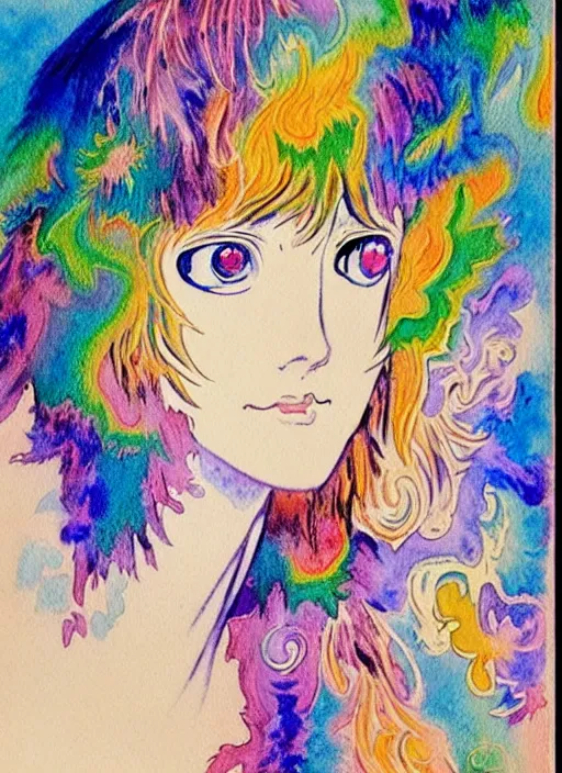 Image similar to vintage 7 0 s anime watercolor, a portrait of a man with colorful face - paint enshrouded in an impressionist watercolor, representation of mystic crystalline fractals in the background by william holman hunt, art by cicley mary barker, thick impressionist watercolor brush strokes, portrait painting by daniel garber, minimalist simple pen and watercolor