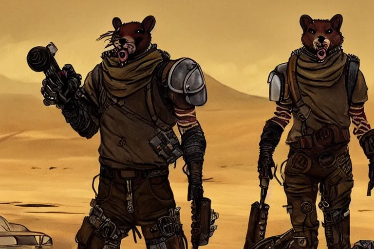 Image similar to a good ol'weasel fursona ( from the furry fandom ), heavily armed and armored facing down armageddon in a dark and gritty version from the makers of mad max : fury road. witness me.