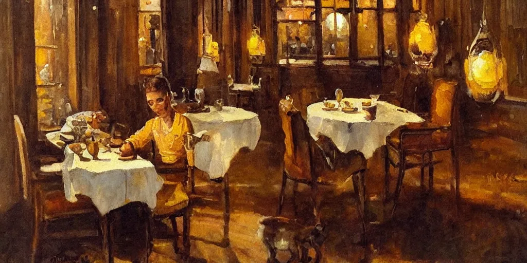 Prompt: brown cat with yellow eyes is sitting at table in a cafe at paris in early 2 0 th century. atmospheric feeling, warm colours, brown colours, yellow colours, epic scene, cinematic, very detailed, oil painting