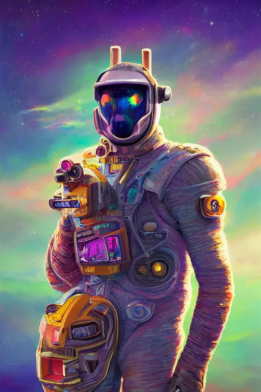 Image similar to A Retropunk Naturewave Defender, Llama in a spacesuit, beautiful realistic cinematic portrait, llama superhero character fashion design, by David Heskin and Paul Lehr and Josan Gonzalez and Russell Mills and Igor Kieryluk, Artgerm, WLOP, 8k, Hi-Fructose, masterpiece anthro illustration, daily deviation