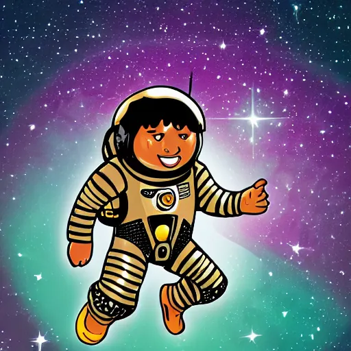 Prompt: neanderthal in a space suit, floating in space, stars glittering in background, comic book style