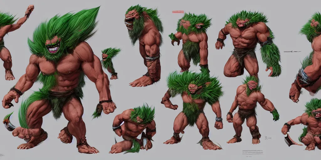 Image similar to blanka, character sheet, concept design, contrast, hot toys, kim jung gi, greg rutkowski, zabrocki, karlkka, jayison devadas, trending on artstation, 8 k, ultra wide angle, pincushion lens effect