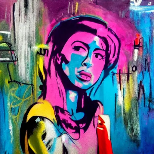 Prompt: amy winehouse, rain like a dream, oil painting, cyberpunk, basquiat + francis bacon, elevated street art, fantasy lut, pink, blue, purple, green,