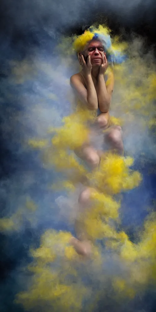 Image similar to woman crying covered in yellow and blue clouds, by kim keever