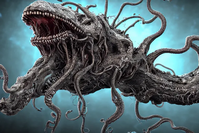 Prompt: highly detailed grays anatomy anatomical illustration biological shoggoth eldritch slithering and decaying fungus - like growths with multiple mouths, eyes and teeth everywhere, rendered in unreal engine 5, 8 k, trending on flickr