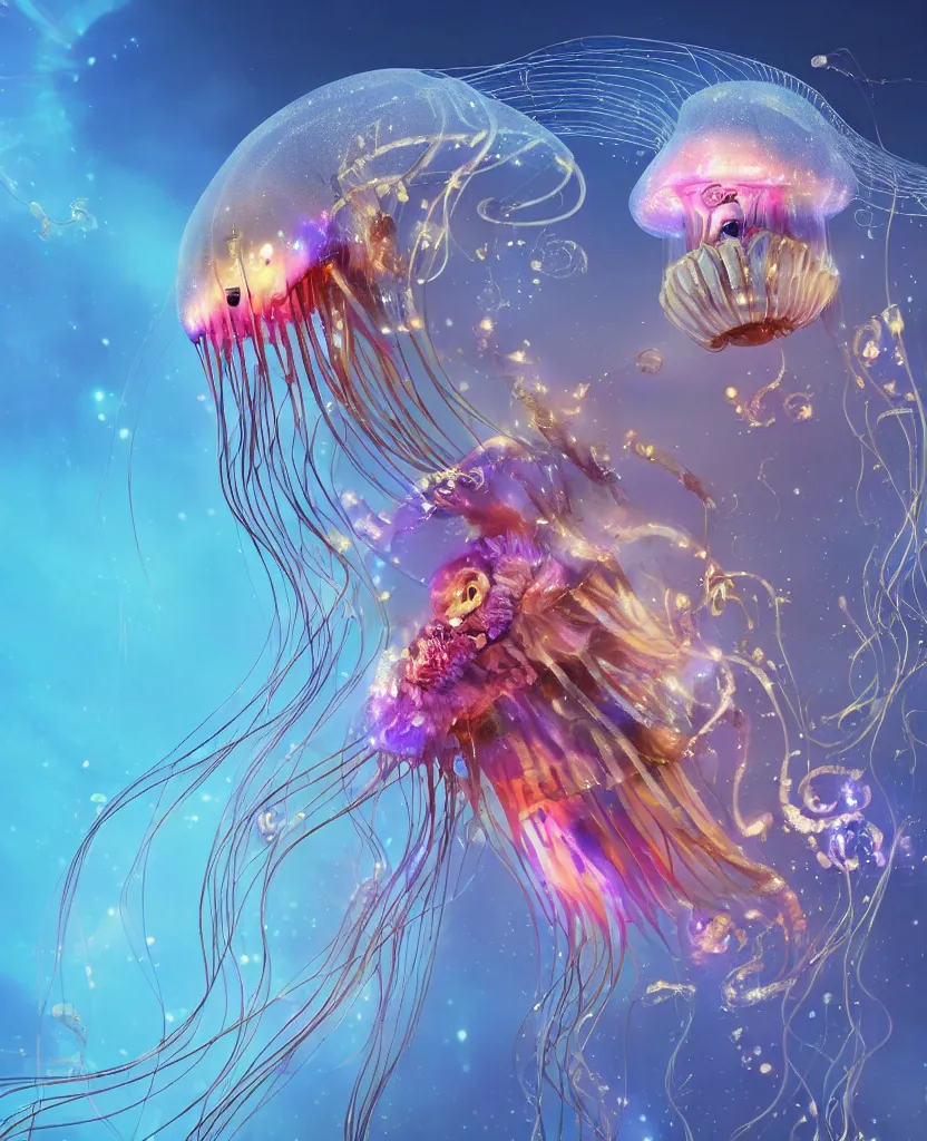 Image similar to close-up portrait of the face of a beautiful princess in a twisted flowers jellyfish mask in a spaceman suit surrounded by energy flow, epic angle and pose, symmetrical artwork, 3d with depth of field, blurred background, floating jellyfish skull phoenix bird, translucent, nautilus, energy flows of water and fire. a highly detailed epic cinematic concept art CG render. made in Maya, Blender and Photoshop, octane render, excellent composition, cinematic dystopian brutalist atmosphere, dynamic dramatic cinematic lighting, aesthetic, very inspirational, arthouse. y Greg Rutkowski, Ilya Kuvshinov, WLOP, Stanley Artgerm Lau, Ruan Jia and Fenghua Zhong