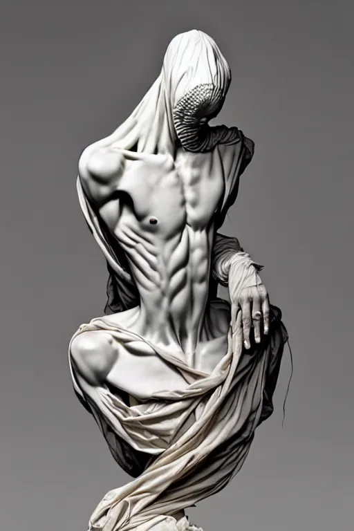 Image similar to Epic view of intricate Veiled Clown with twisted neck statue sculpted on white marble by Antonio Corradini, Wayne Barlowe and Artem Demura