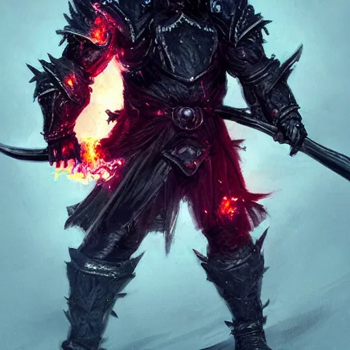 Image similar to a man in black-crystal armor surrounded by flames wielding a battle-axe made of black crystals. ,D&D, fantasy, elegant, hopeful, muscular, highly detailed, digital painting, artstation, concept art, smooth, sharp focus, illustration