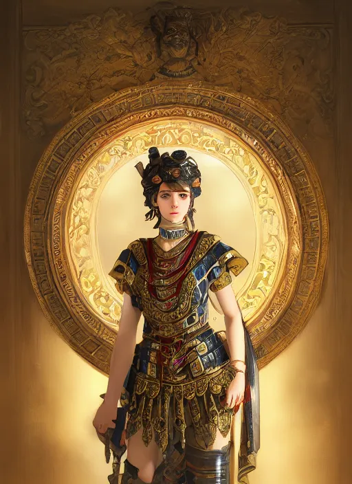 Image similar to portrait of an ancient roman character in incredible rich ornate armor, by ilya kuvshinov, clear eyes, clear facial features, by thomas lawrence, by bayard wu, trending on artstation, masterpiece