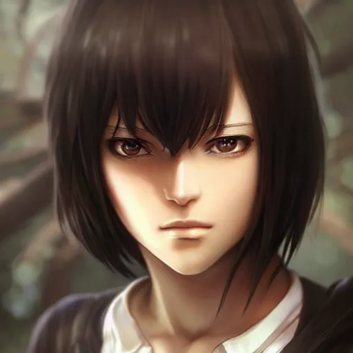 Image similar to mikasa ackerman, bokeh, beautiful face!!!!, 2 7 years old, cg animation, lifelike, animated, realistic, character select portrait, by artgerm, greg rutkowski, alphonse mucha, 3 d