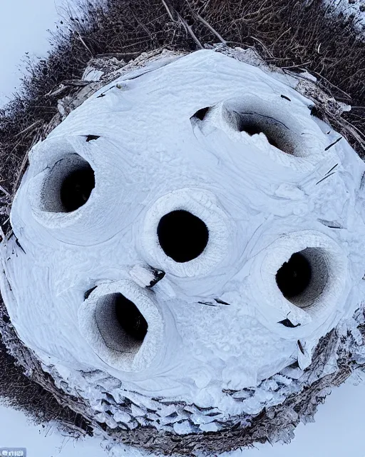 Image similar to a snowy owl's nest in the alps, zoomed out, shot from drone, iphone capture