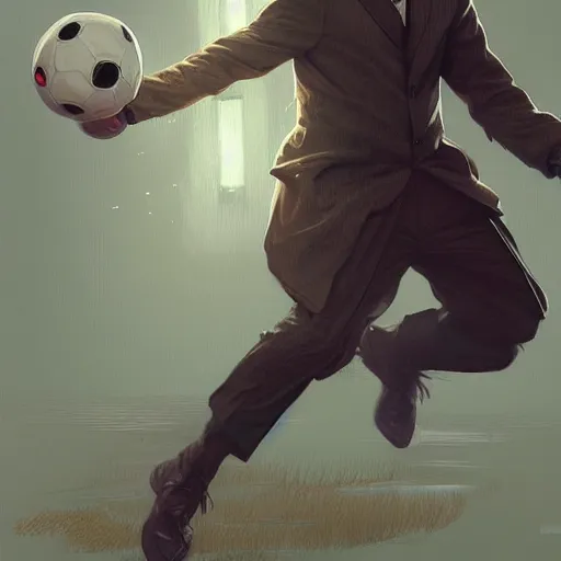 Image similar to Mr Bean playing soccer, D&D, fantasy, intricate, elegant, highly detailed, digital painting, artstation, concept art, matte, sharp focus, illustration, art by Artgerm and Greg Rutkowski and Alphonse Mucha