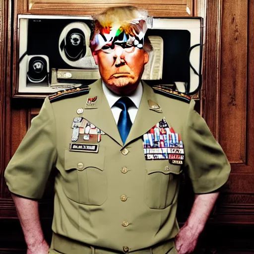 Prompt: a medium - shot still of donald trump in military dictator uniform looking into the distance, natural light, photography, photorealistic by terry richardson