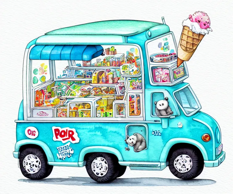 Prompt: cute and funny, polar bear riding in a tiny ice cream truck, ratfink style by ed roth, centered award winning watercolor pen illustration, isometric illustration by chihiro iwasaki, edited by craola, tiny details by artgerm and watercolor girl, symmetrically isometrically centered