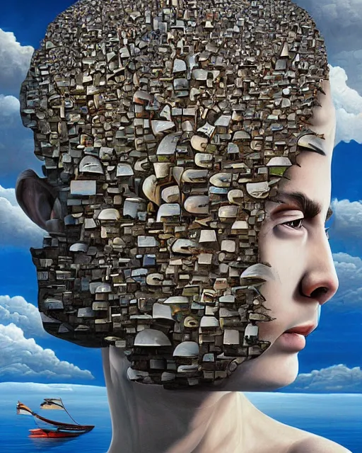 Prompt: identity crisis theme surrealist art in the styles of igor morski, jim warren, and rob gonsalves, intricate, hyperrealistic, volumetric lighting