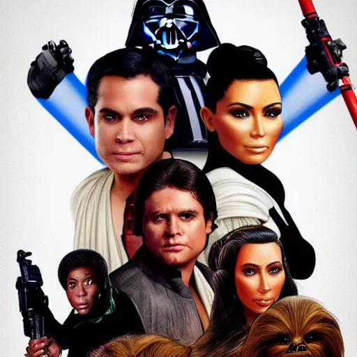 Image similar to super detailed star wars movie poster with ben shapiro, snooki and kim kardashian, 8k full HD photo, cinematic lighting, anatomically correct, oscar award winning, action filled, correct eye placement,