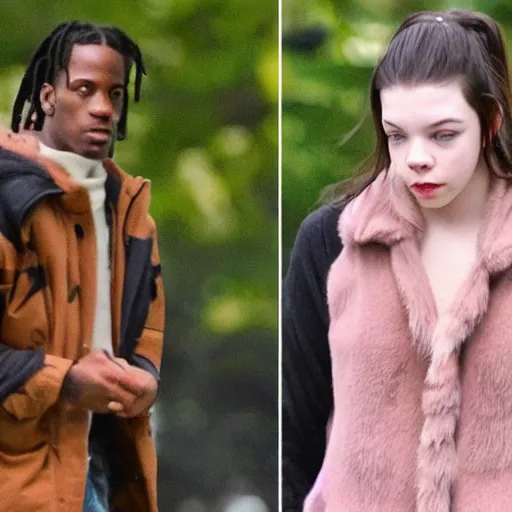 Image similar to travis scott dating anya taylor joy in central park at winter, symmetry photorealistic, dynamic light, ultra detailed, paparazzi photo