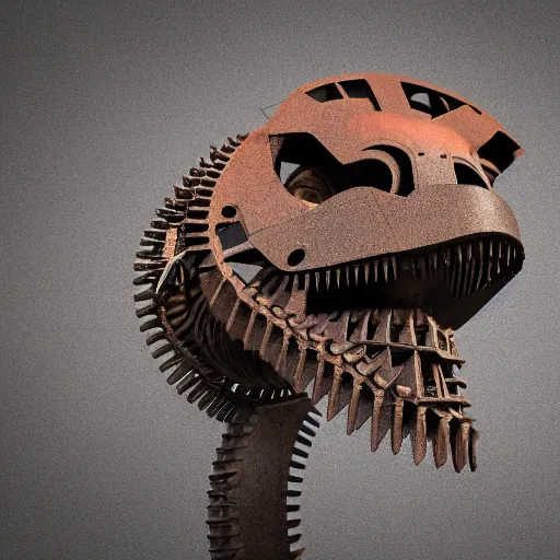 Image similar to a t-rex made out of rusty gears, octane render, 3D