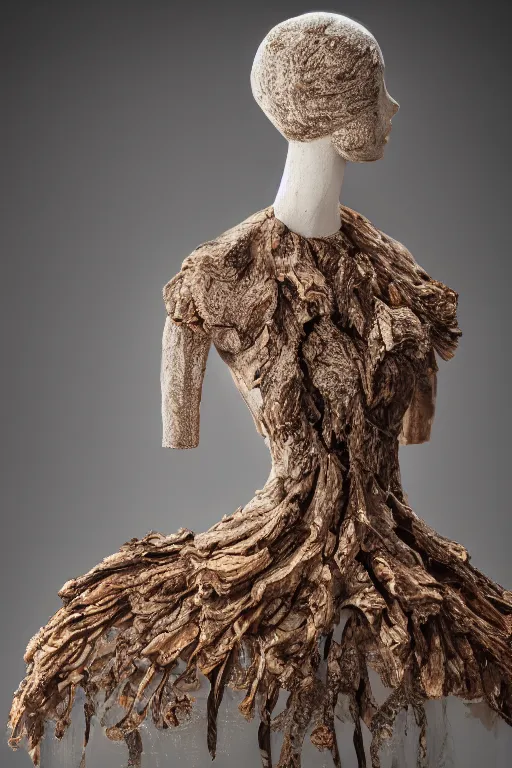 Image similar to A beautiful dress carved out of dead wood with lichen and mushrooms, on a mannequin. High quality, high resolution, studio lighting