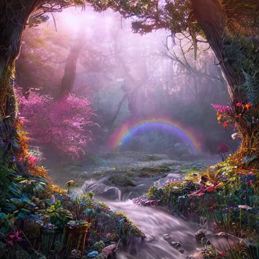 Prompt: the beautiful, grand, wistful, dreamy, aesthetic landscape of a hidden forest, hyperrealistic photorealistic illustration by kim jung gi, rainbow hyper colorful, extremely detailed, intricate linework, sharp focus, bright colors, octopath traveler, unreal engine 5 highly rendered, global illumination, radiant light, detailed and intricate environment