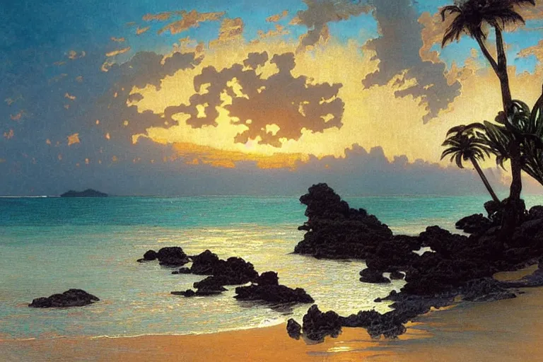 Image similar to a beautifully detailed painting of a caribean tropical shoreline, tranquil waters, sunset, hyperdetailed, worth1000.com, by Greg Rutkowski, by Alphonse Mucha, artgerm, cgsociety, serenity,