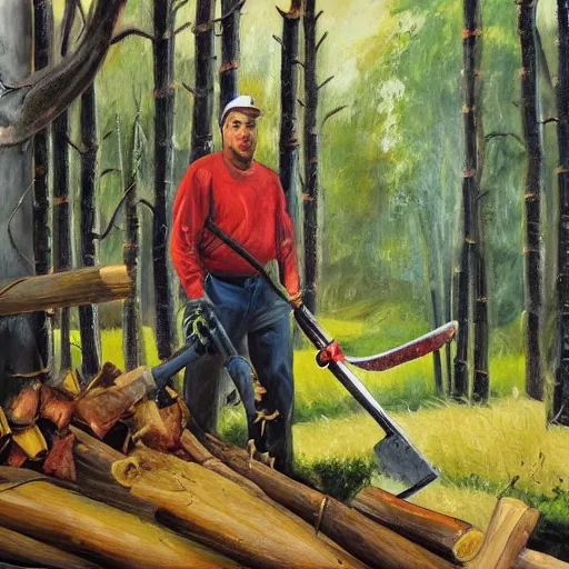 Prompt: oil painting of man with chainsaw clearing forest
