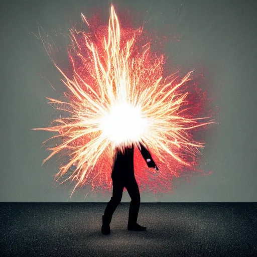 Image similar to man hitting the ground creating a explosion, anime, album cover, musical notes