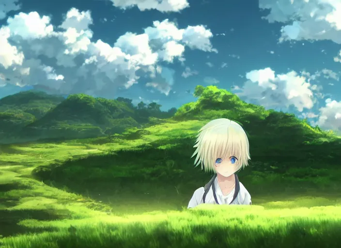 Prompt: illustration of a wide shot green hills with clouds in the background, cute anime girl with platinum blonde hair and big eyes in foreground, anime key visual, official media, illustrated by wlop, extremely detailed, 8 k, trending on pixiv, cinematic lighting, beautiful