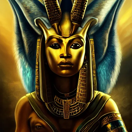 Image similar to majestic gracious regal female anubis warrior portrait, ancient egypt, atmospheric lighting, painted, menacing, intricate, volumetric lighting, beautiful, rich deep colours masterpiece, golden hour, golden ratio, sharp focus, ultra detailed, by leesha hannigan, ross tran, thierry doizon, kai carpenter, ignacio fernandez rios