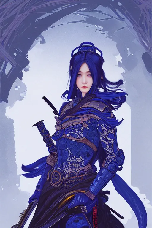 Prompt: portrait Ninja gaiden girl, armored blue and whte ninja wardrobe, in ruin japanese rainny temple moon night, ssci-fi and fantasy, intricate and very very beautiful and elegant, highly detailed, digital painting, artstation, concept art, smooth and sharp focus, illustration, art by tian zi and WLOP and alphonse mucha