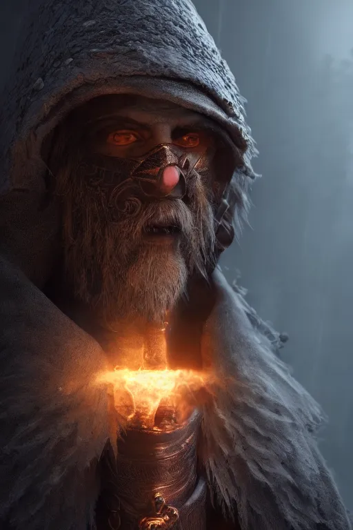 Prompt: highly detailed full body character art of a high fantasy cyclops wizard eyes covered by a pointy mage hat, full body, highly detailed, photo realistic, dark fantasy atmosphere, foggy, 8 k, octane render, unreal engine