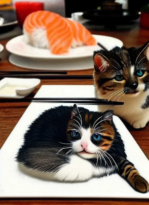 Image similar to clear photorealistic picture of adorable cats made out of sushi