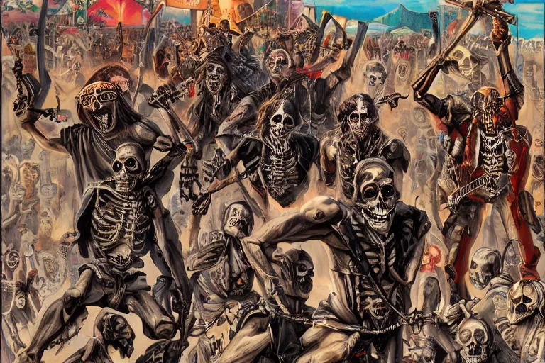 Image similar to skeleton heavy metal band live at coachella, art by danny flynn and simon bisley, trending on artstation, halfrear, oil and canvas, very very intricate, socialist realism