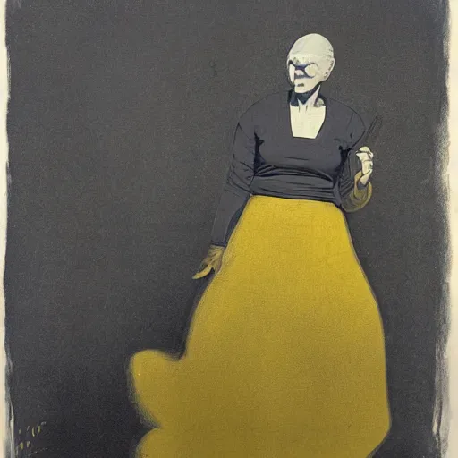 Image similar to A photograph. A rip in spacetime. Did this device in her hand open a portal to another dimension or reality?! dark yellow, lithograph by Isaac Levitan, by Paula Rego flowing, ominous