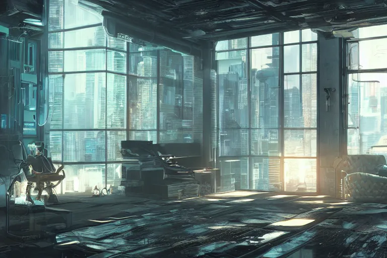 Prompt: cyberpunk workshop, liminal space, high detail, rendered in unreal engine, 3d render, god rays, volumetric lighting, mansion, interior, large windows, rich house