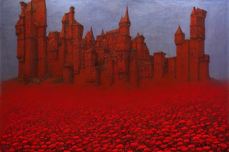 Image similar to only with red, red flowers of different types, a red tiger, a castle in the background, medieval demons dance over the flowers, an ancient path, in the style of beksinski, part by hopper, part by rodcenko, part by hofbauer, intricate composition, red by caravaggio, insanely quality, highly detailed, masterpiece, red light, artstation