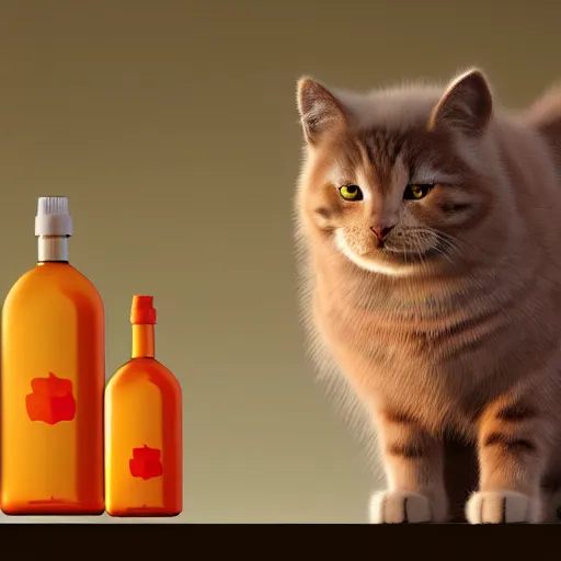 Prompt: a fluffy cat standing next to a bottle of medicine. orange cat. the cat was in a room with yellow background color. animal. digital art. artstation. realistic. vibrant. illustration. in the style of pixar movie, octane render. intricate, elegant, highly detailed, digital painting.