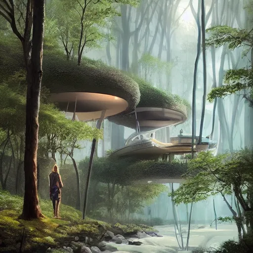 Image similar to A futuristic hotel in the forest with a river and animals around it ,Greg rutkowski, Trending artstation, cinematográfica, digital Art