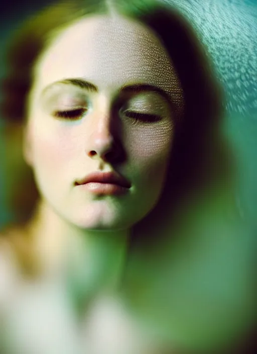 Image similar to Kodak Portra 400, 8K, soft light, volumetric lighting, highly detailed, sharp focus,britt marling style 3/4, Close-up portrait photography of a beautiful woman how pre-Raphaelites a woman with her eyes closed is surrounded by water , face is surrounded by Water Circle. she has a beautiful lace dress and hair are intricate with highly detailed realistic beautiful flowers , Realistic, Refined, Highly Detailed, natural outdoor soft pastel lighting colors scheme, outdoor fine art photography, Hyper realistic, photo realistic