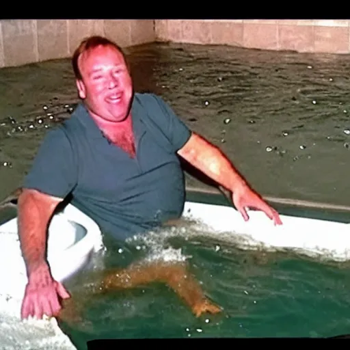 Image similar to CRT surveillence footage of a 50-year-old Alex Jones swimming inside of a filthy giant sized toilet filled with raw sewage, alex jones is gargling the sewage and smiling with an evil grin