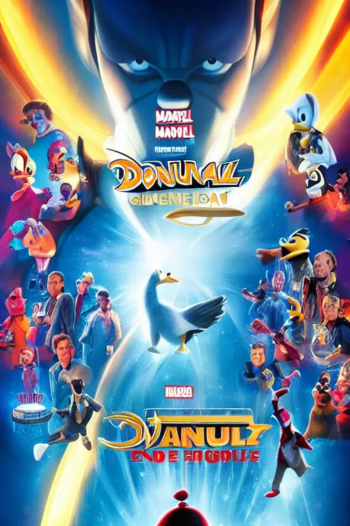 Prompt: donald duck starring in marvel end game, movie poster, cinematic, uncluttered