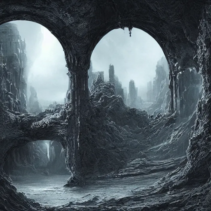 Prompt: gazing through a black archway to the void, black night, intricate high detail matte painting masterpiece