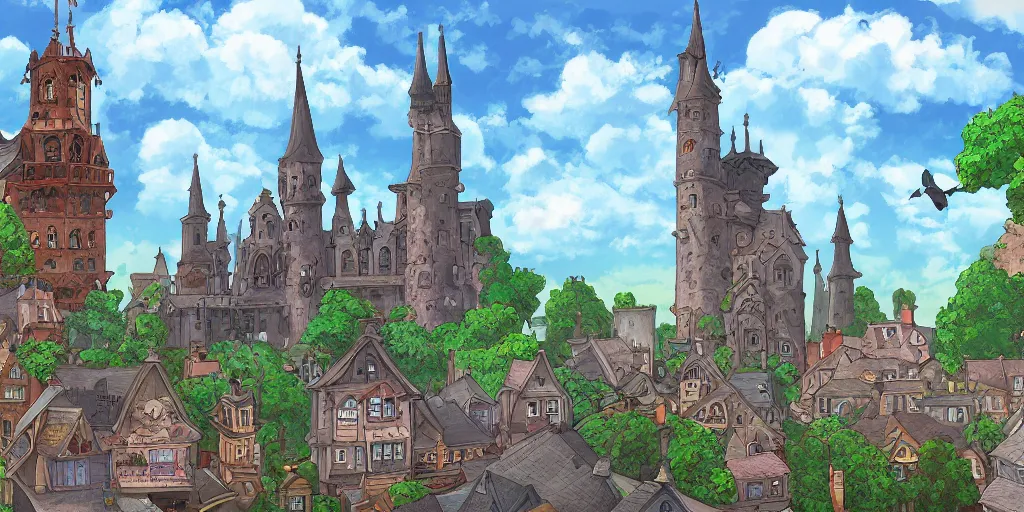 Prompt: a highly detail digital painting of a gothic town, in the style of studio ghibli