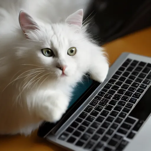 Prompt: long haired white cat creating a website on a laptop