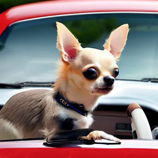 Prompt: chihuahua driving a convertible