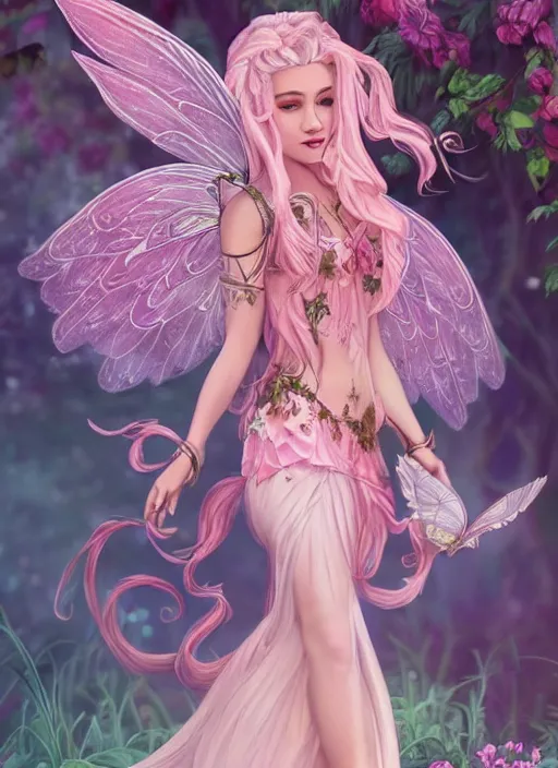 Prompt: full body d & d style of a pink beautiful fairy with large wings and flowing hair and beautiful face wearing clothing is exploring her flower garden, extremely detailed, 4 k