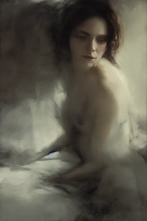 Image similar to detailed cinematic moody colors studio portrait of a lady in bed, high quality by jeremy mann, only one head single portrait