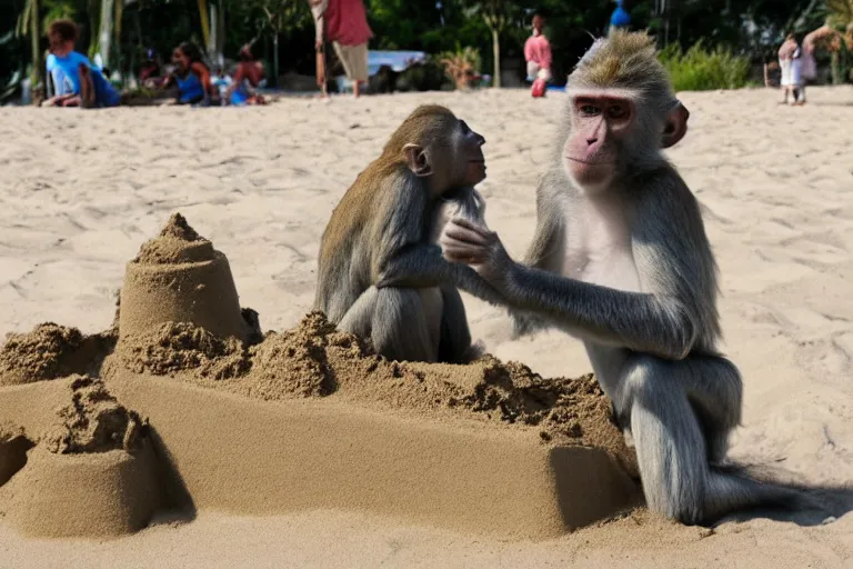 Image similar to a monkey touching a completed sand castle